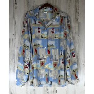 All Hours Button Up Shirt Large Blue Nautical Coastal Lighthouse Nantucket Beach